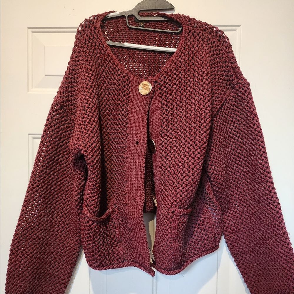 Chunky Open-Knit Button Cardigan Sweater in Deep Burgundy